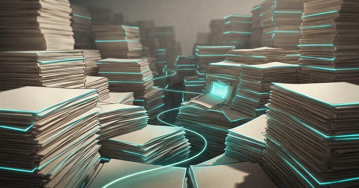A canyon of stacked paper documents with a single glowing teal thread winding through it to one half-buried illuminated page
